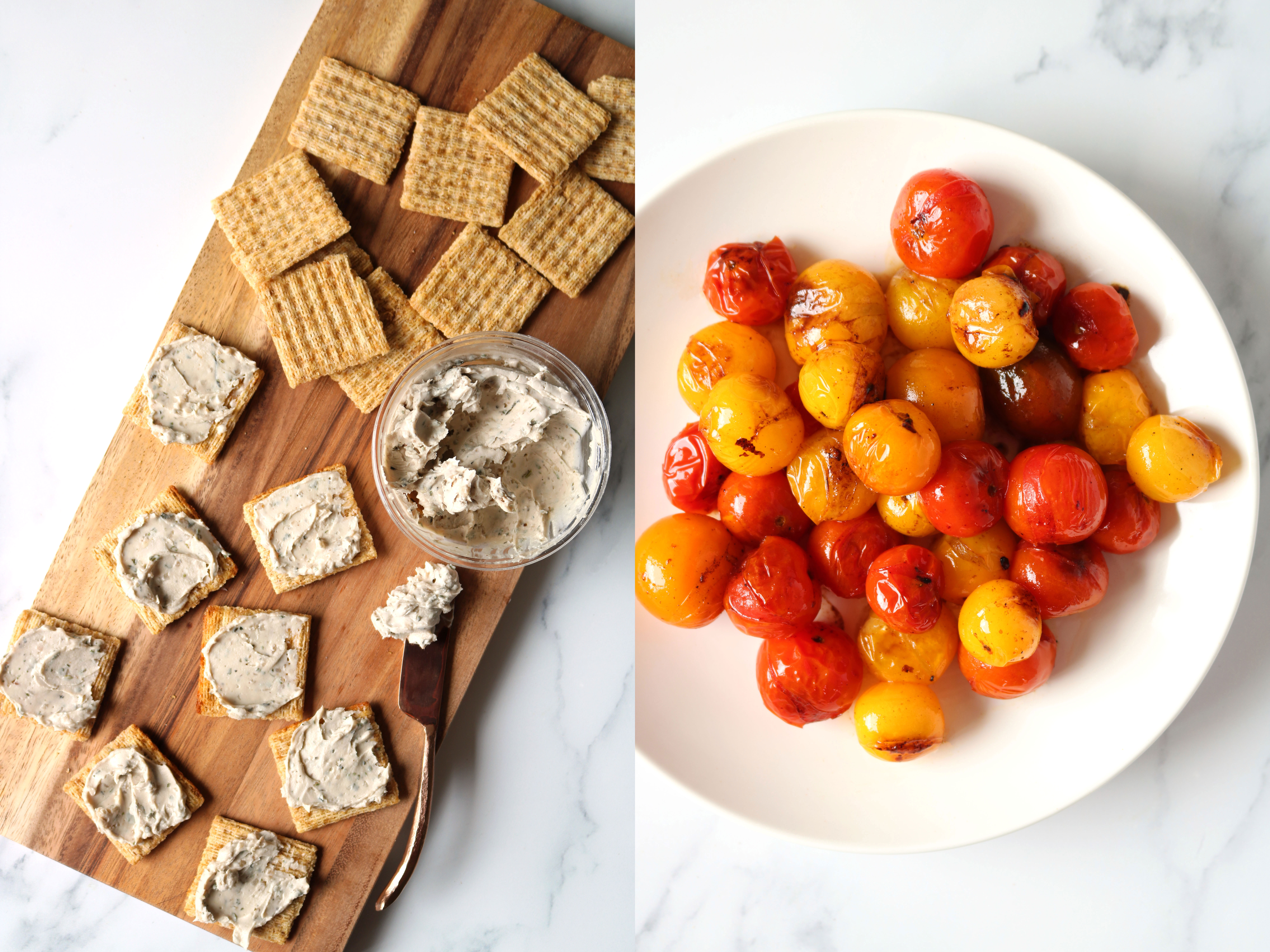 Triscuits next to blistered tomatoes in a bowl and cashew cheese spread