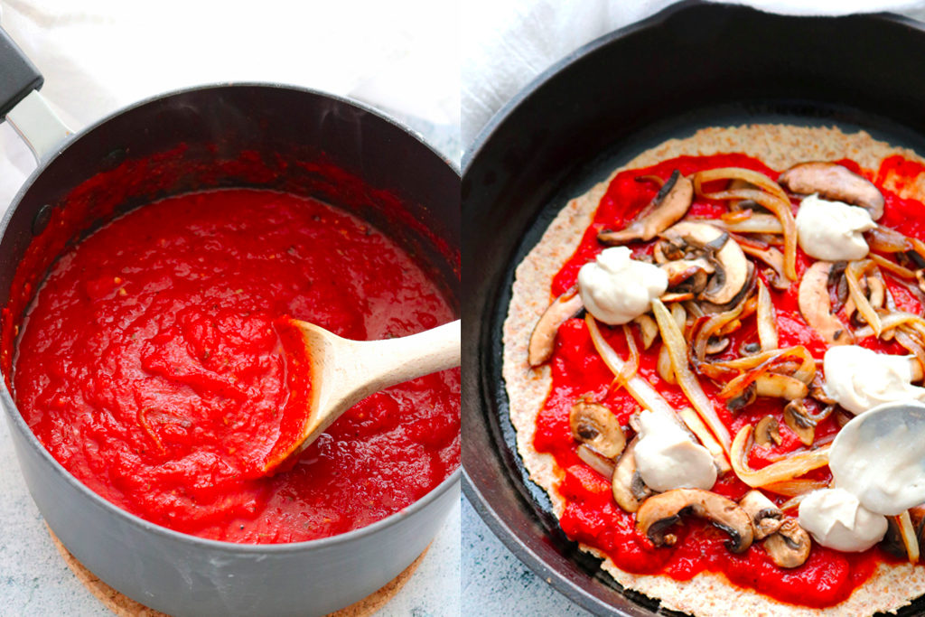 vegan pizza sauce in pot next to vegan pizza in a tray