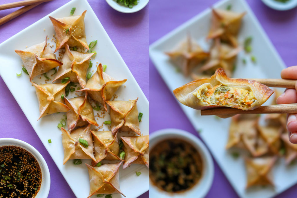 vegan crab rangoons on serving plate and person holding one with chopsticks