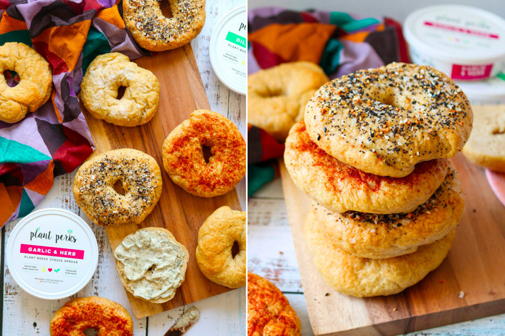 Cooked Vegan Bagels with Plant Perks Vegan Cheeze Spread
