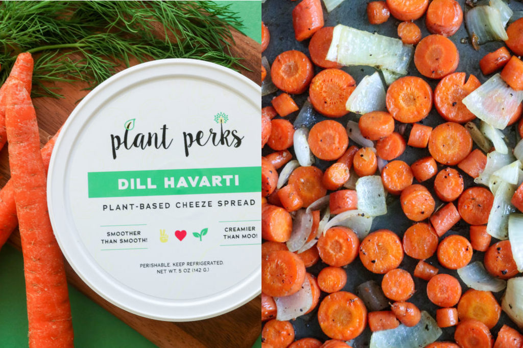 Plant Perks Dill Havarti Vegan Cashew Cheese Container surrounded by carrots