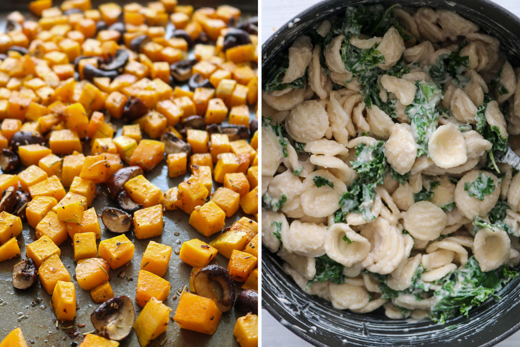 roasted butternut squash on tray next to creamy pasta shells in a pot