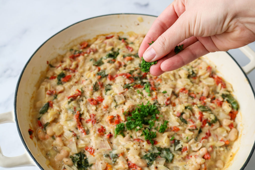 white bean and sundried tomato baked orzo