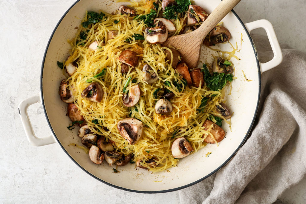 Roasted Spaghetti Squash with Mushrooms and Kale